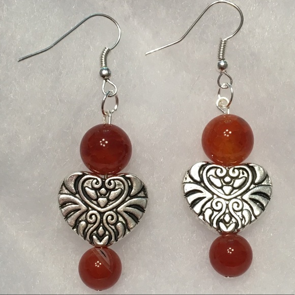 PeaceFrog Jewelry - Red Fire Agate Silver Heart Earrings
